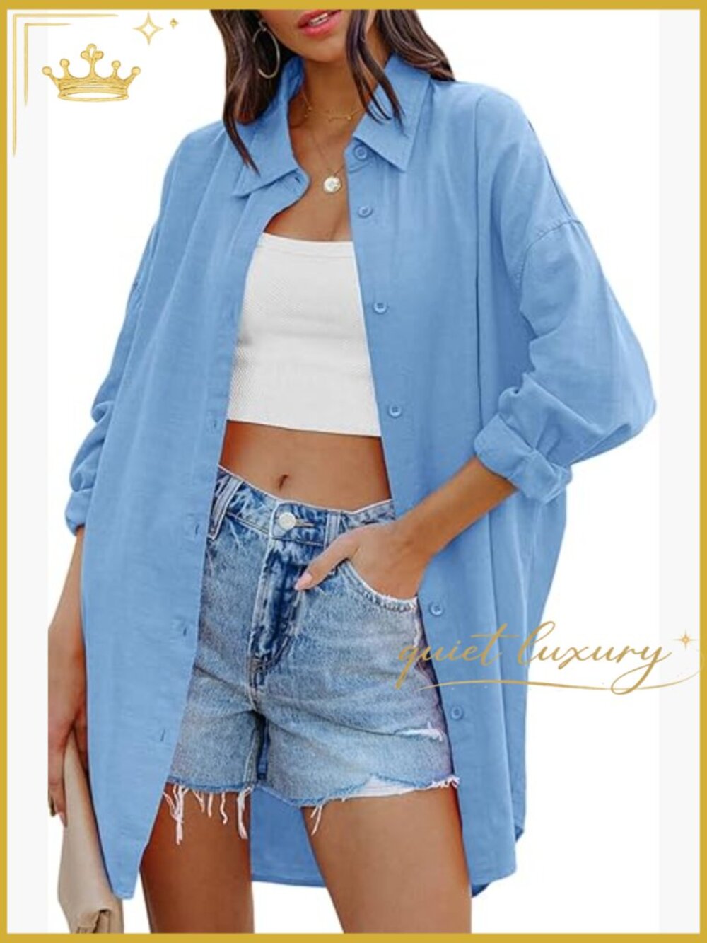 Oversized Button Down Blouse with Pockets Long Sleeve - Picture 1 of 7